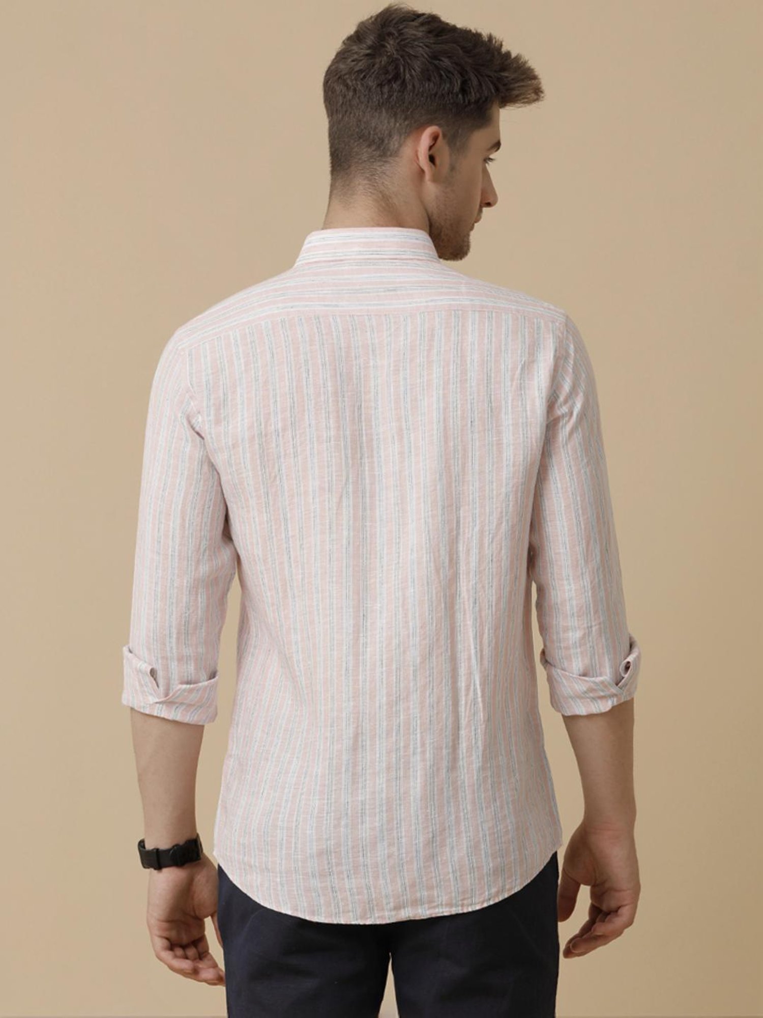 Linen Club Pink Linen Contemporary Fit Striped Shirt