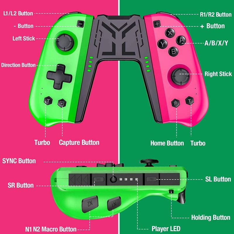 Switch Controller Compatible with Nintendo Switch Joycon, 4 Custom Macro Rear Buttons & 2 Turbo Buttons Pink and Green Switch L/R Replacement for Joycon Controllers Dual Vibration 6-Axis Gyro