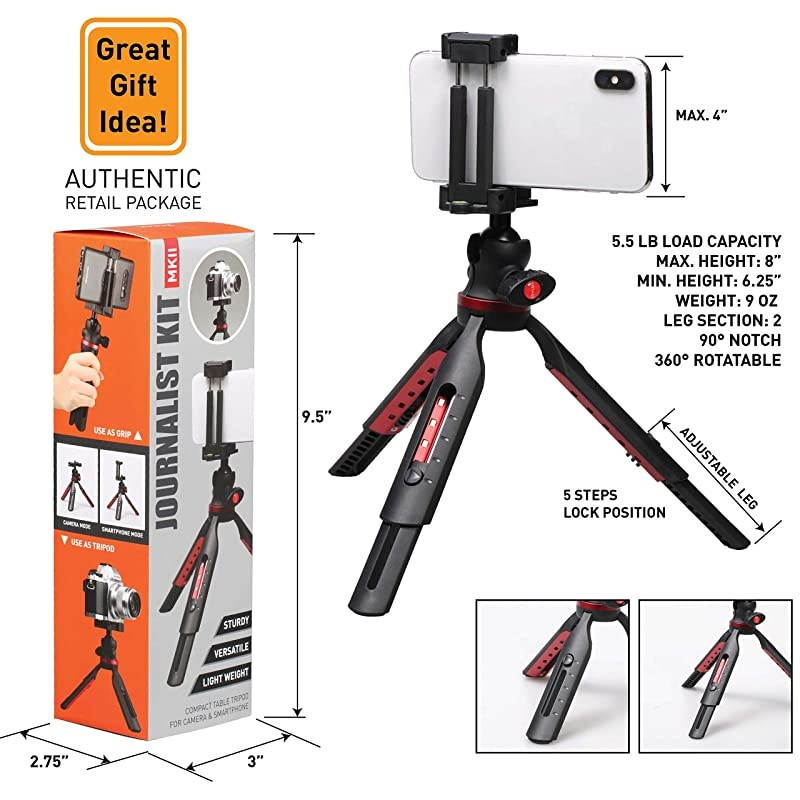 Journalist MK II Mini Tripod Smartphone Stabilizer Rig Hand Grip Table Tripod Rotatable Ball Head Adjustable Leg DSLR Mirrorless Camera iPhone Samsung Galaxy Google Pixel