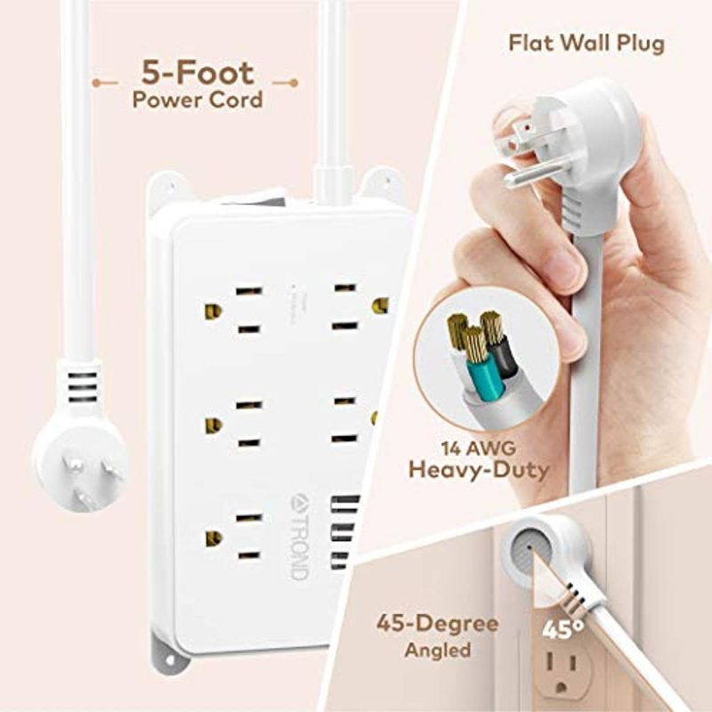 Power Strip Surge Protector, ETL Listed, TROND Flat Plug Outlet Extender with 5 Widely-Spaced Outlets and 3 USB Ports, 1300J, Wall Mountable 5ft Cord, for Computer Garage Kitchen Behind TV, White