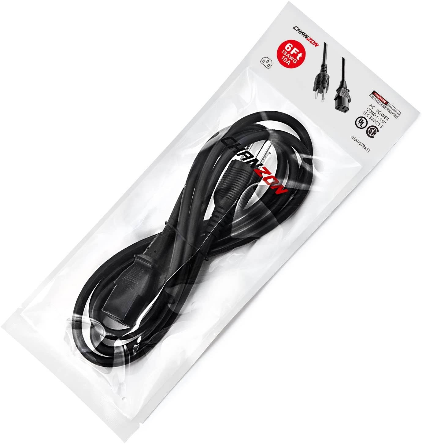 [UL Listed] Chanzon 6ft Universal AC Power Cord for Personal Computer,PC Monitor,Plasma bravia uhd Smart TV,Printer Power Supply Replacement 3 Prong (NEMA 5-15P to IEC320C13) 10A 125V Extension Cable