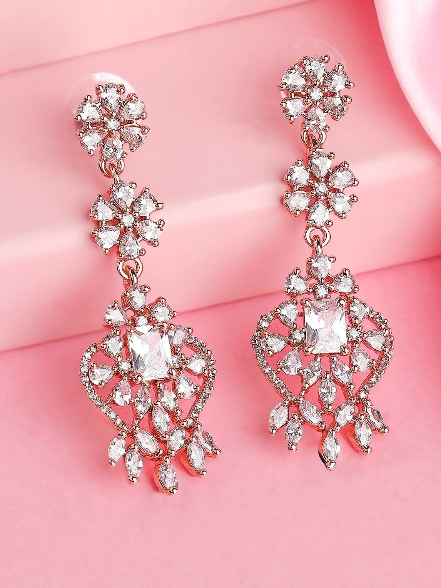 Estele Rose Gold-Plated CZ Ravishing Dangler Earrings