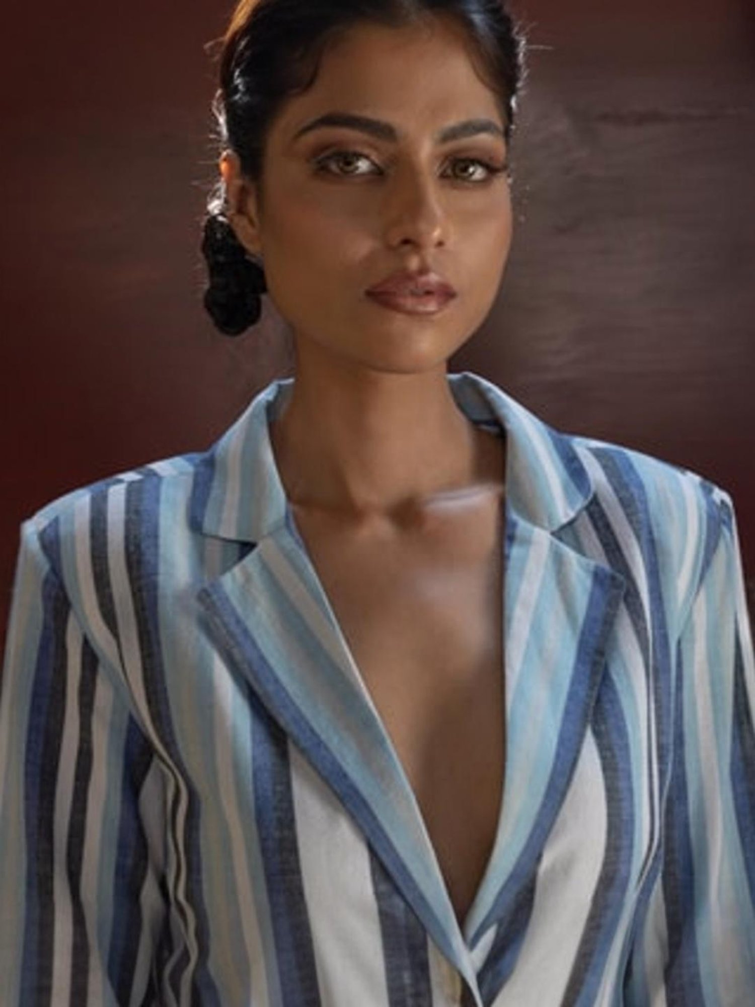 Anushe Pirani Blue & White Fika Belted Blazer