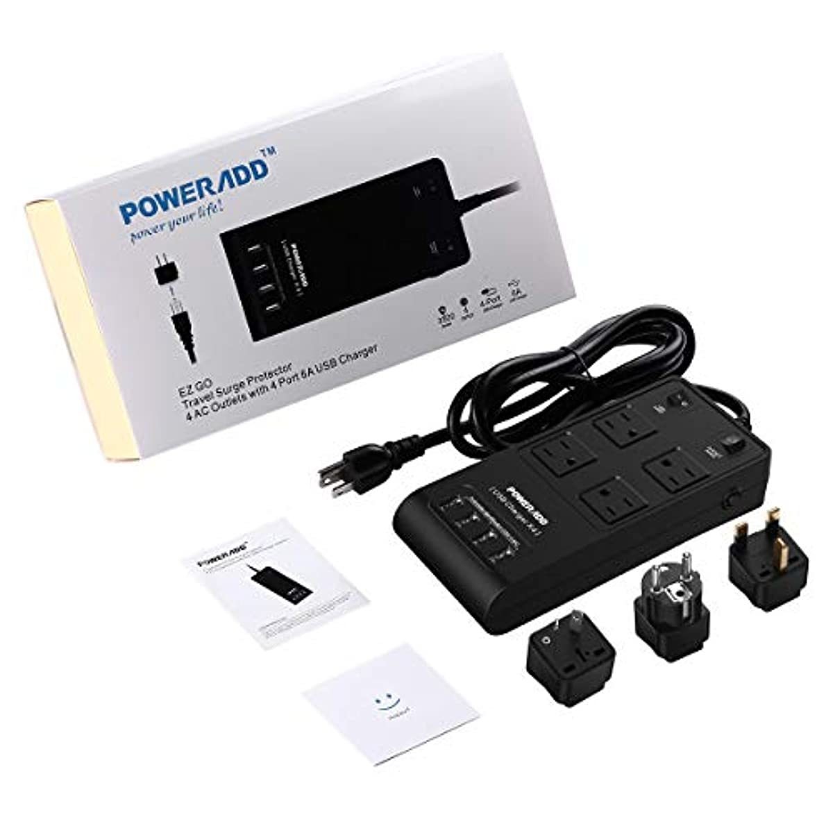 POWERADD Power Strip Surge Protector 3500J 4-Outlets 4 Fast Charging USB Ports 6ft Extension Cord with UK/AU/EU Adapter for International Travel,Home Appliance,Office,Computer,Printor,Phones