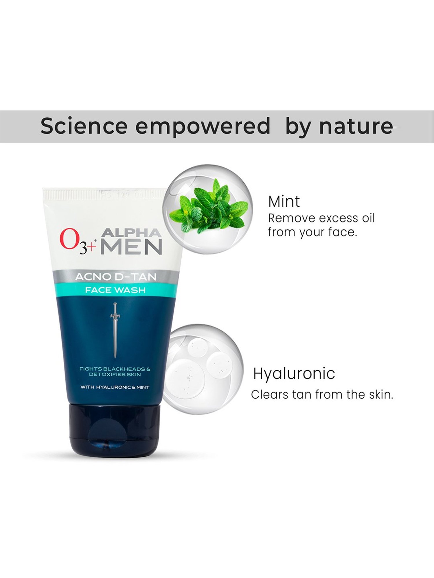 O3+ Alpha Men Acno D-Tan Face Wash with Hyaluronic & Mint - 50 ml