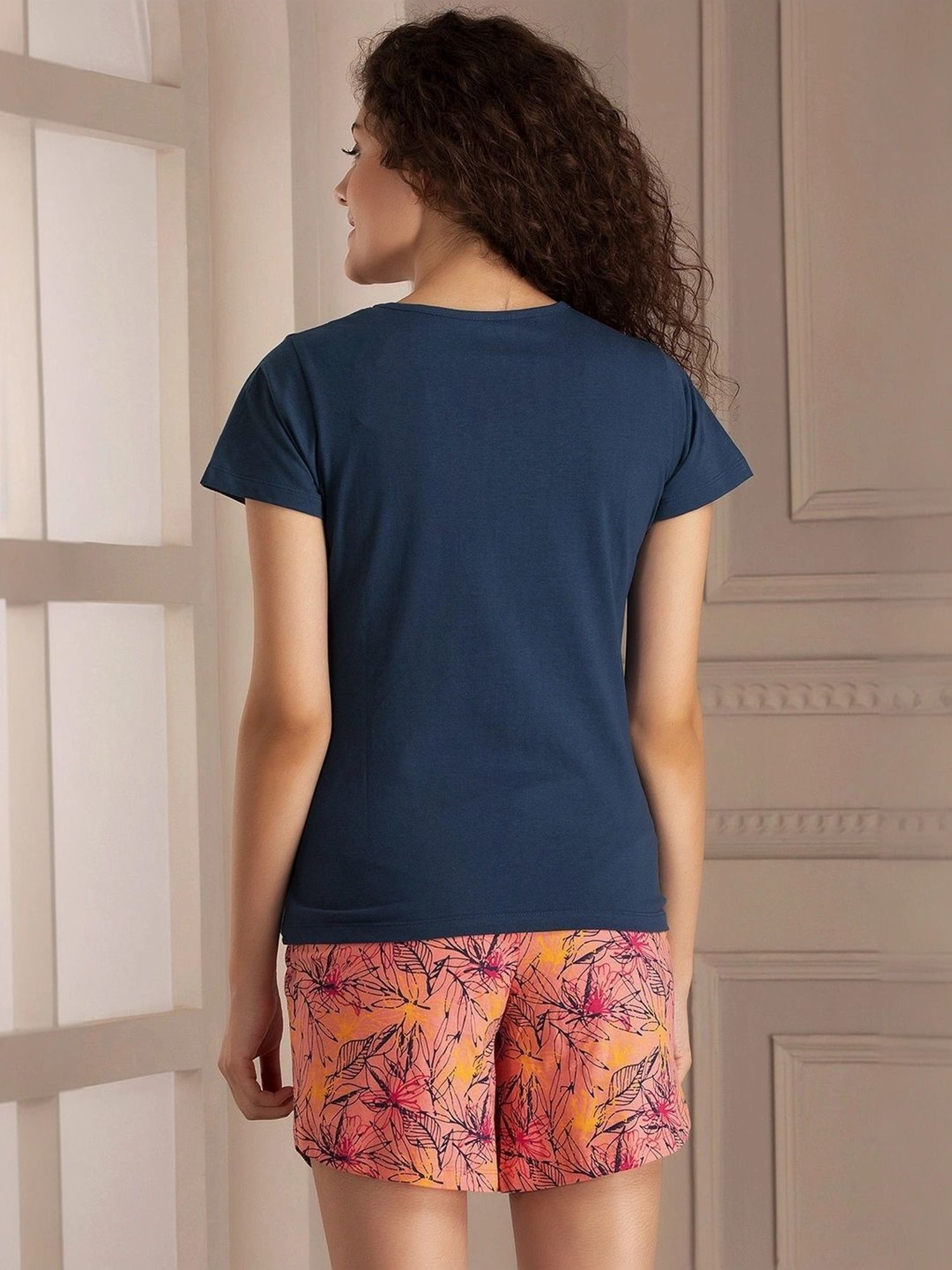 Clovia Navy & Peach Printed Top & Shorts Set