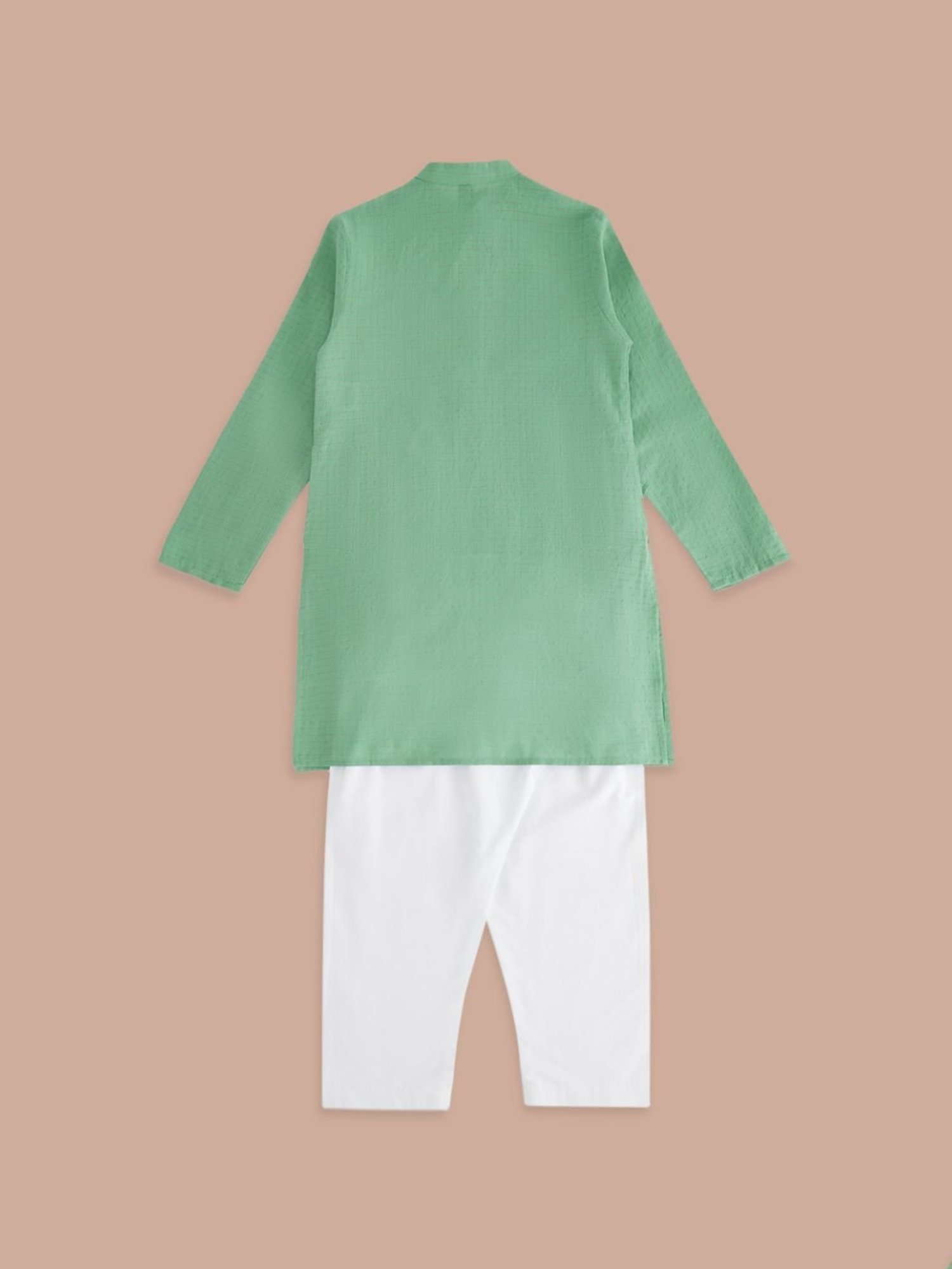 YU by Pantaloons Kids Green & White Cotton Chequered Full Sleeves Kurta Set