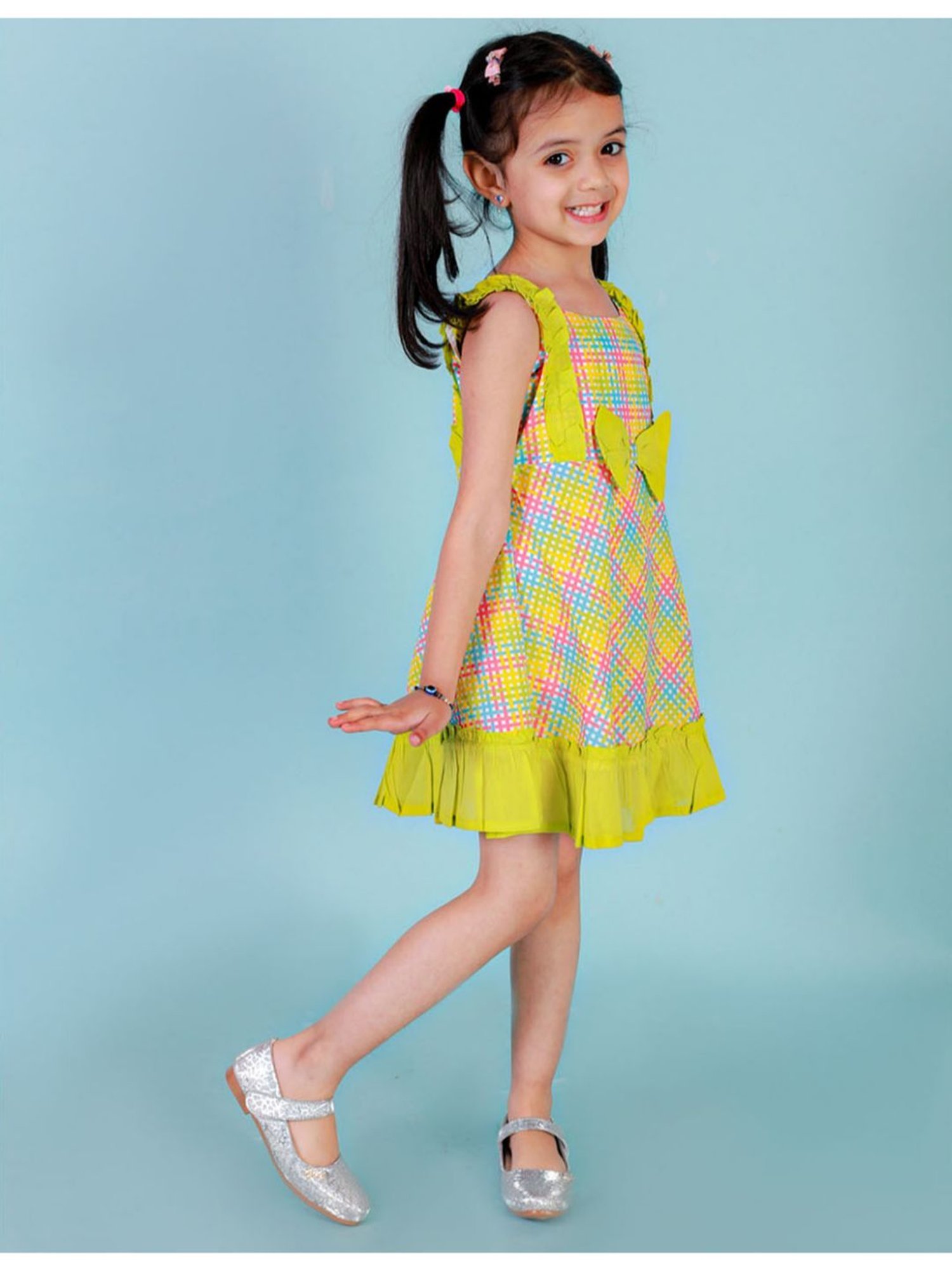 Lil Drama Kids Light Green Checks Dress