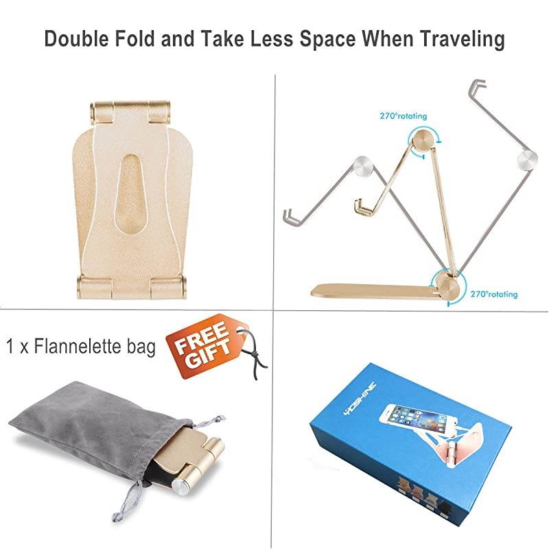 Cell Phone Stand Foldable  Aluminum Phone Holder Phone Stand and Cable Organizer for Charging Desktop Cell Phone Holder Adjustable Phone Stand Dock for iPhone iPad/Mini Samsung Tablets - Gold