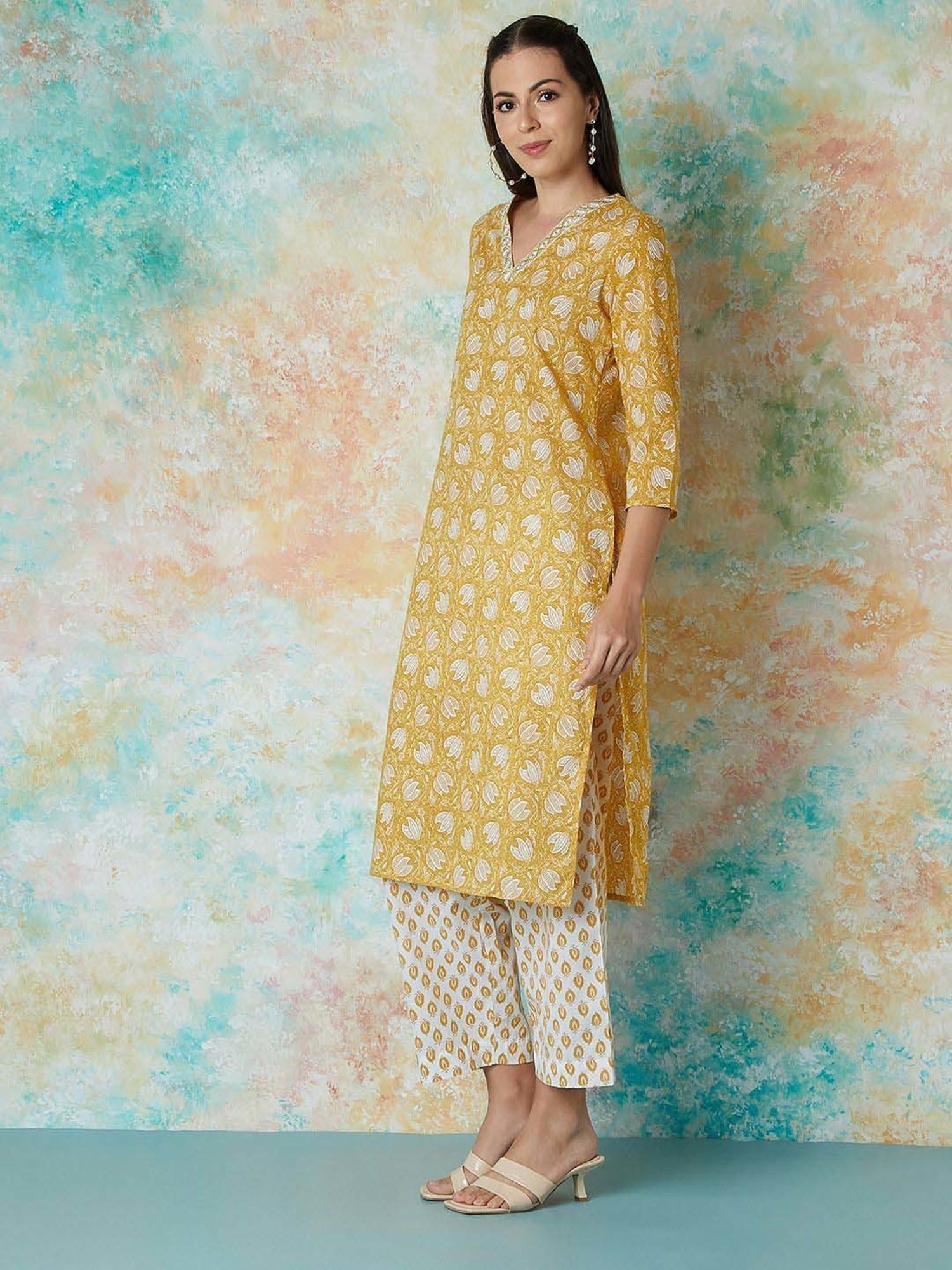 Melange by Lifestyle Mustard & White Cotton Printed Kurta & Pant Set