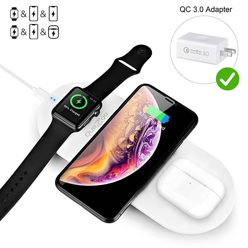 Wireless Charging Pad 3 in 1 Multiple Devices Charging Station Charging Leather Mat Compatible with Airpods Pro Apple Watch Series 5 4 3 iPhone 11 Pro Max Xs Xr with QC 30 Adapter White