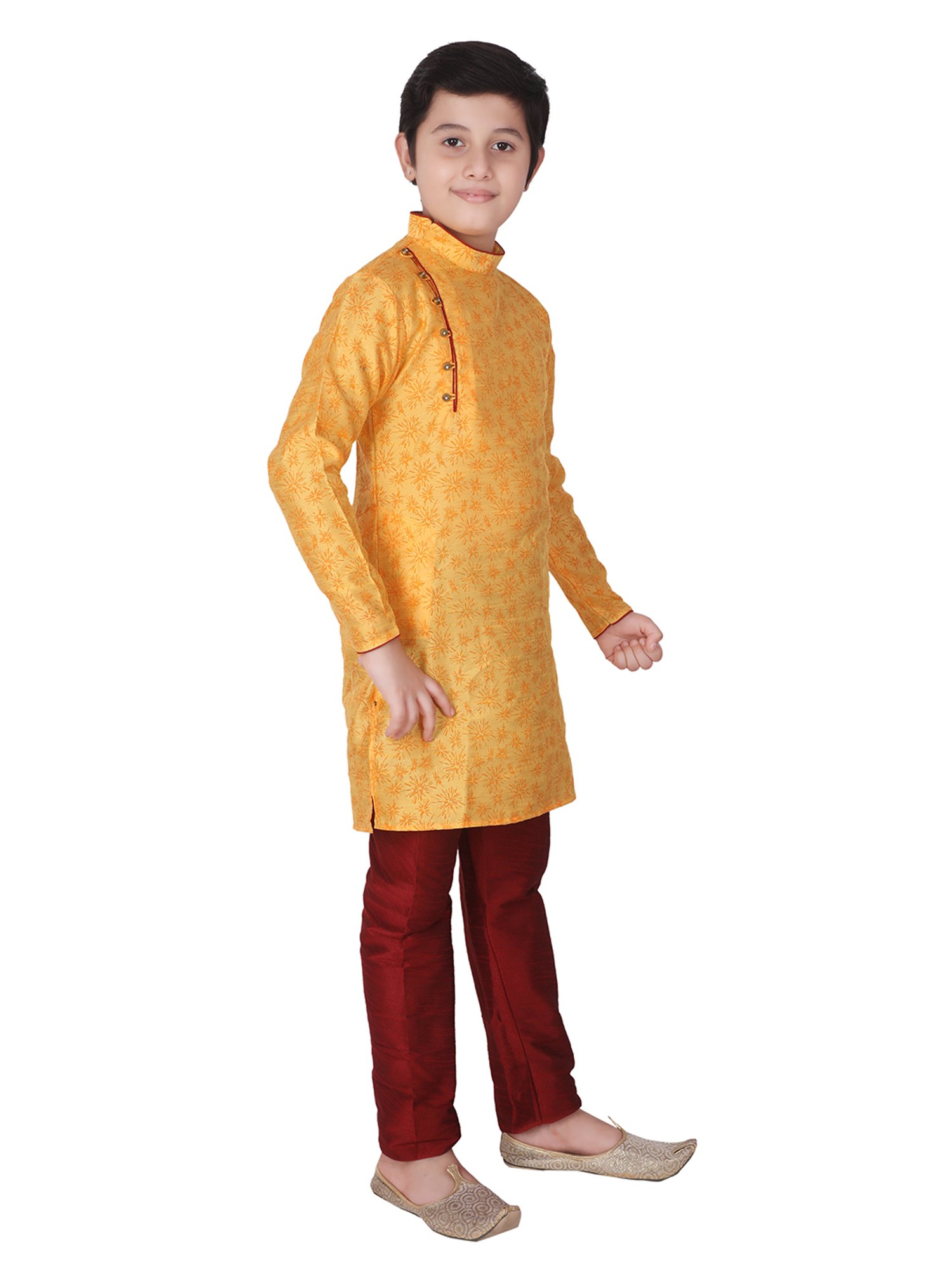 Pro-Ethic Style Developer Kids Yellow & Maroon Printed Full Sleeves Kurta with Churidar