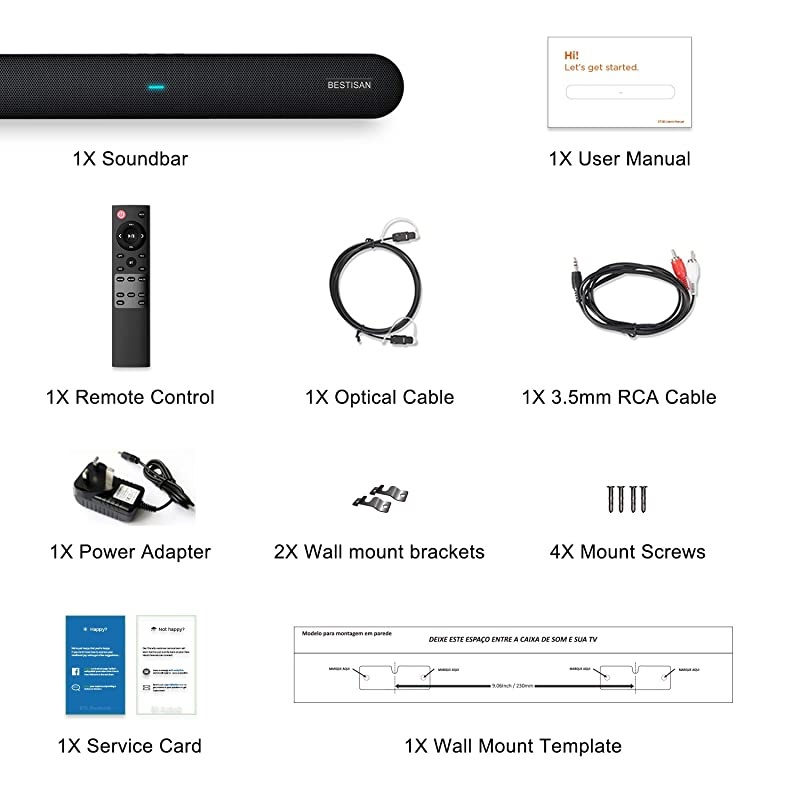 Soundbar, Bestisan TV Sound Bar Wired and Wireless Bluetooth 5.0 Home Theater Speakers (4 Drivers, Enhanced Bass Technology, Dual Connection Methods, Dialogue/Movie/Music Audio Mode)