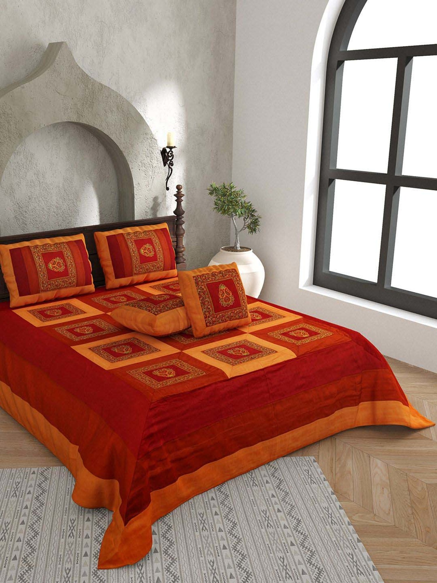 JaipurFabric Red & Yellow Silk 240 TC Double Bedsheet with 2 Pillow Covers