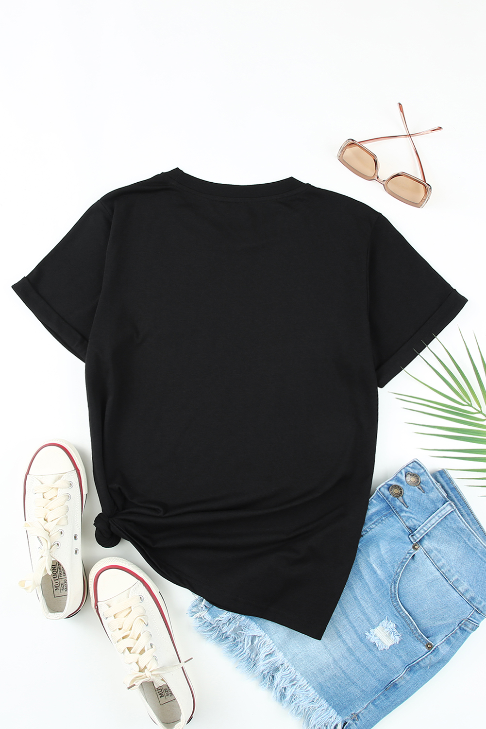 Blank T Shirt - Black Plain Rolled Up Crewneck T-Shirt Customized