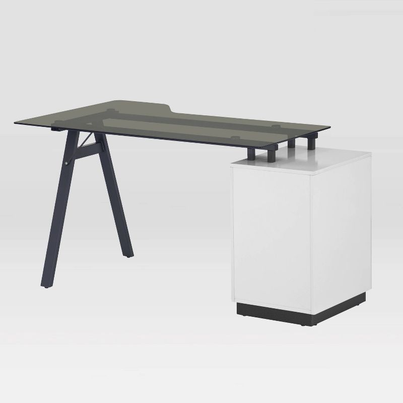Modern Home Office Computer Desk with Smoke Tempered Glass Top & Storage White - Techni Mobili