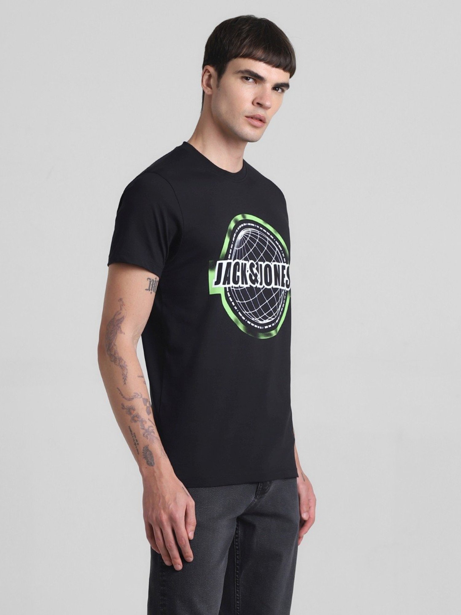 Jack & Jones Jet Black Cotton Slim Fit Printed T-Shirt