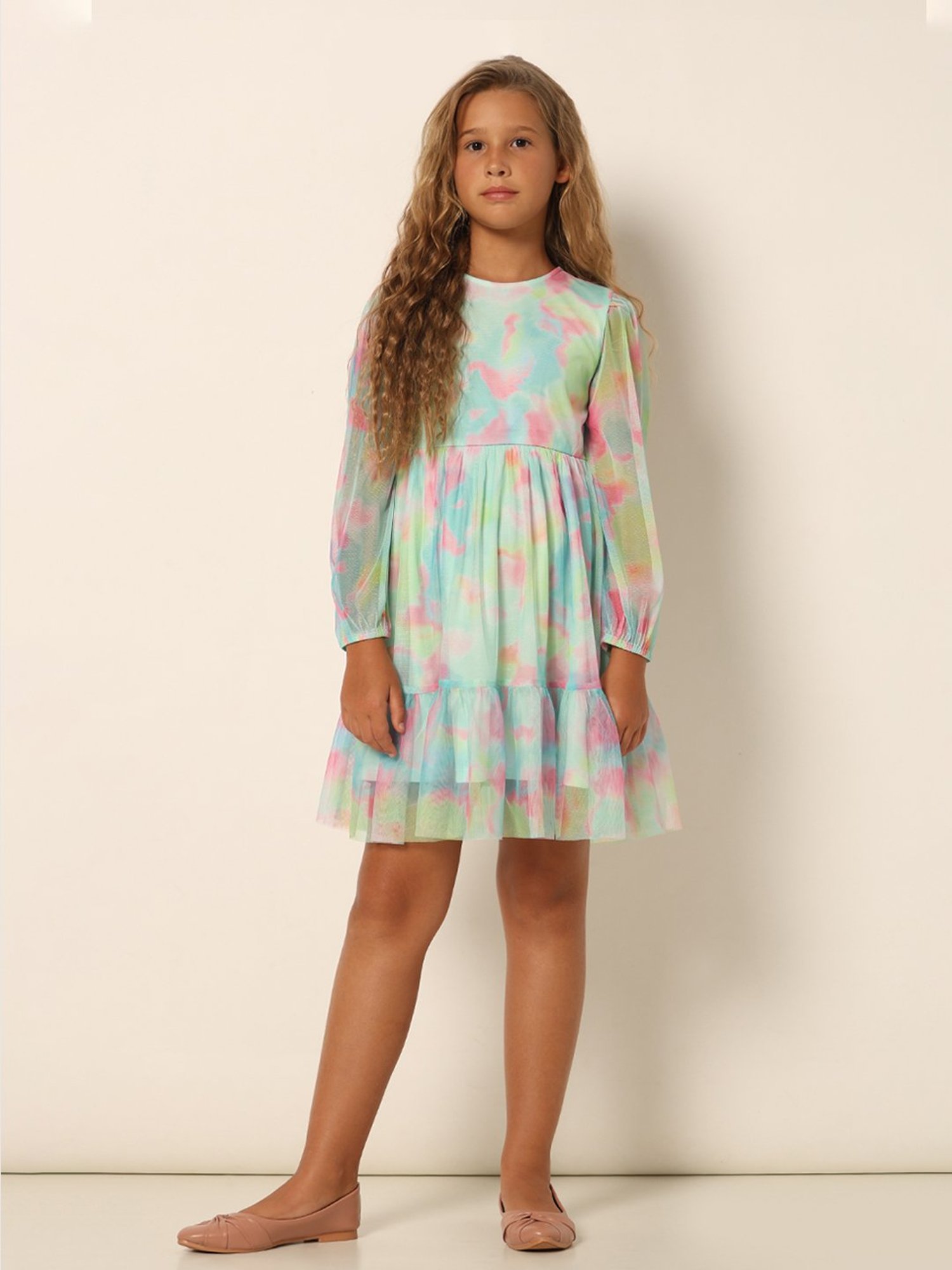 VERO MODA GIRL Multicolor Tie-Dye Full Sleeves Fit & Flare Dress