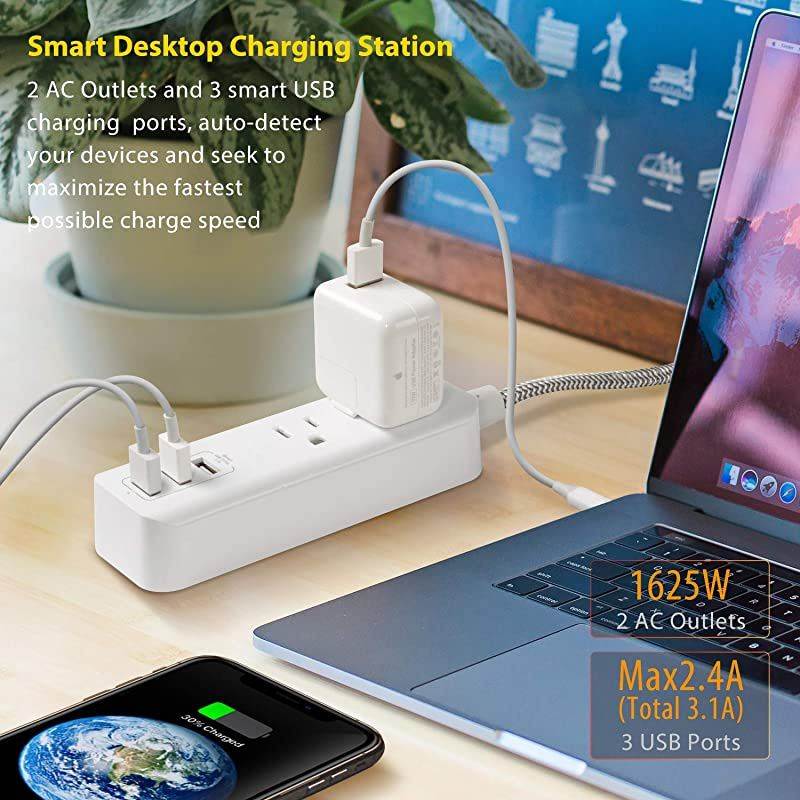 Strip with USB - 2 Outlets 3 USB Charging Ports(3.1A, 15W), Desktop Charging Station with 5 ft Braided Extension Cord, Flat Plug Travel Strip for Cruise, Home Office, ETL Listed