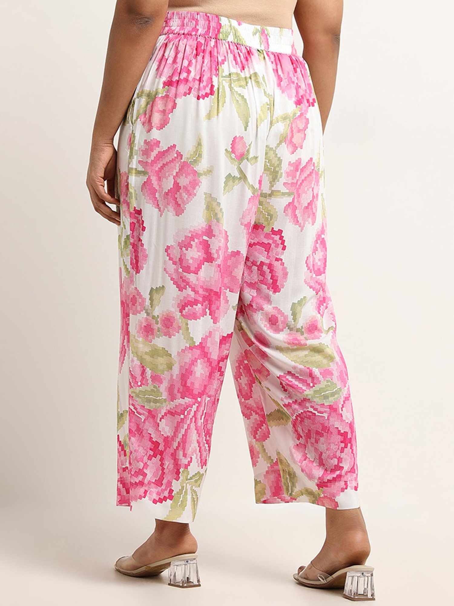 Diza by Westside Pink Mid-Rise Floral Print Straight Pants