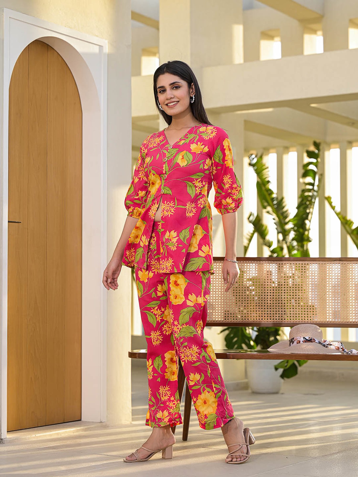 Yufta Pink Floral Print Tunic & Palazzo Set