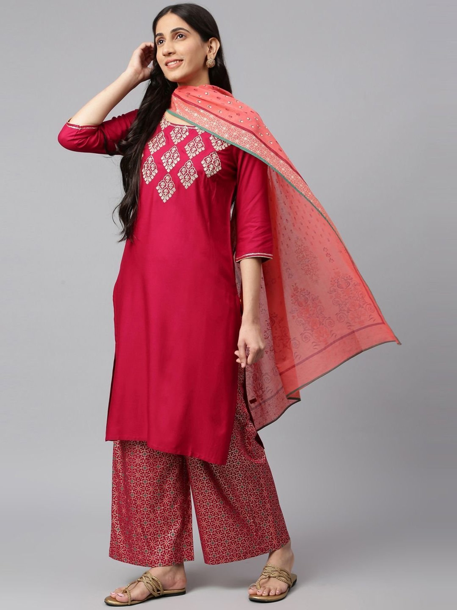 Aurelia Pink Embroidered Kurta Palazzo Set With Dupatta