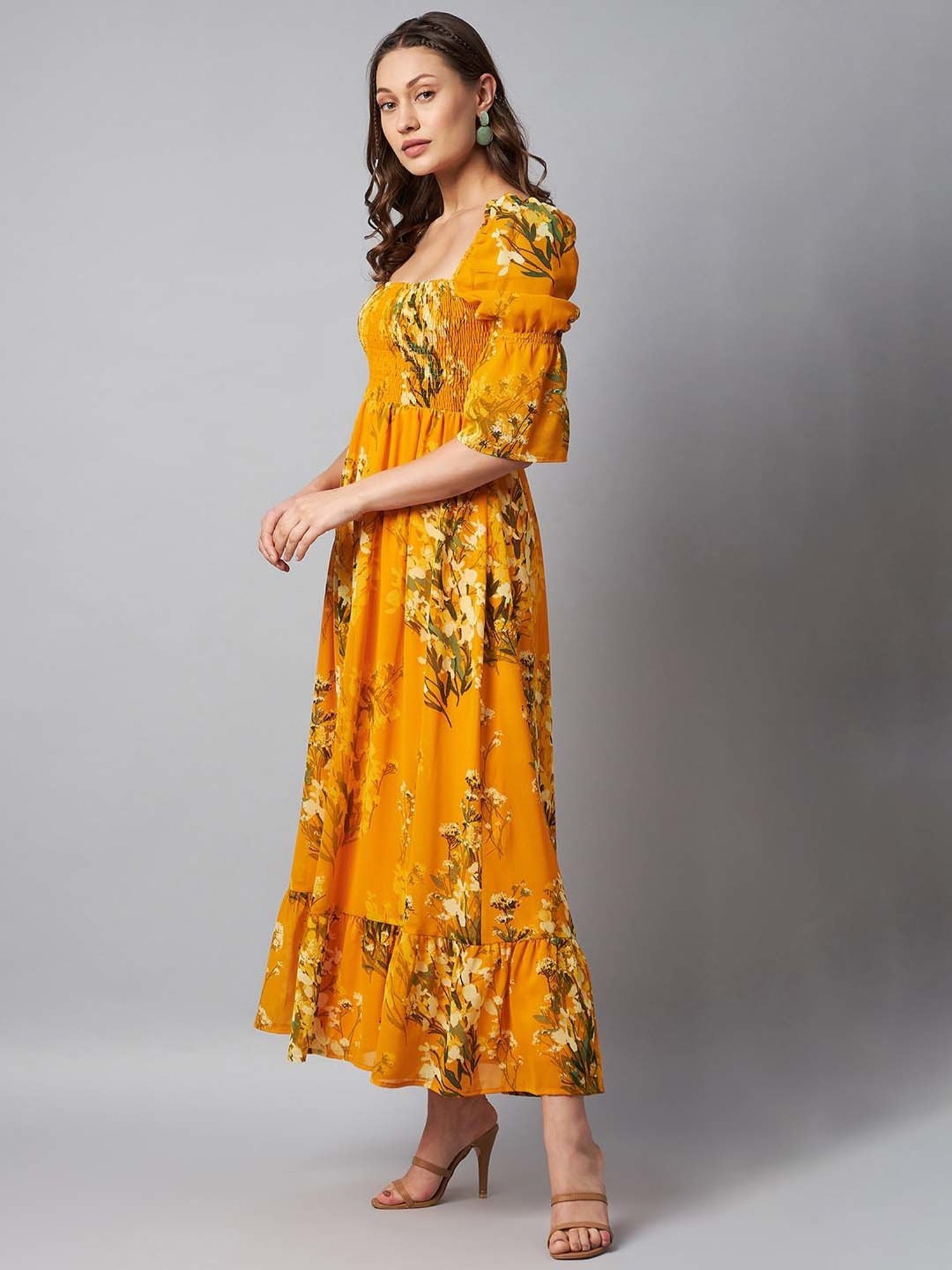 StyleStone Yellow Floral Print Maxi Fit & Flare Dress