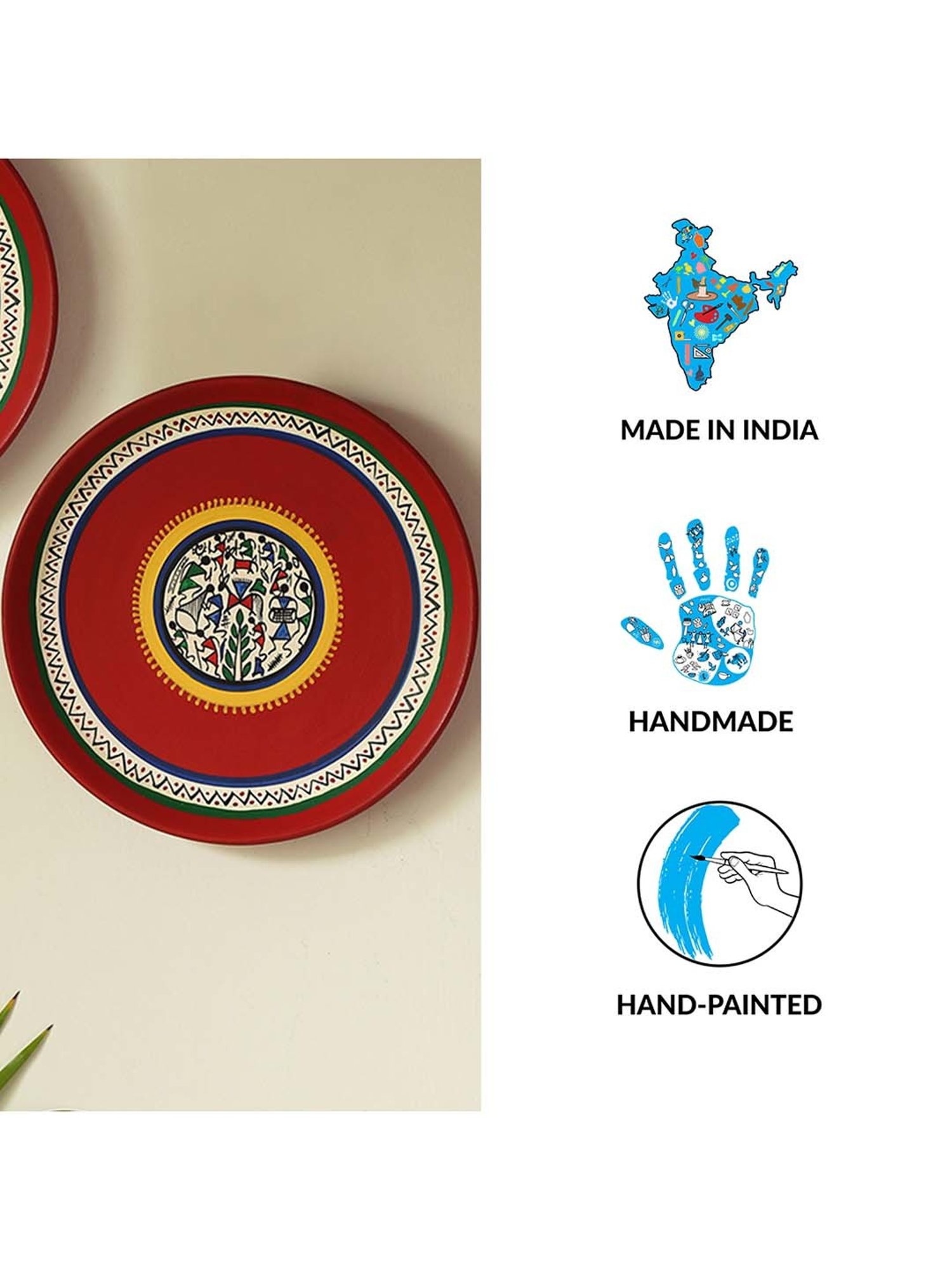ExclusiveLane Crimson Red Terracotta Warli Tale Wall Plate For Wall Decor - Set of 2