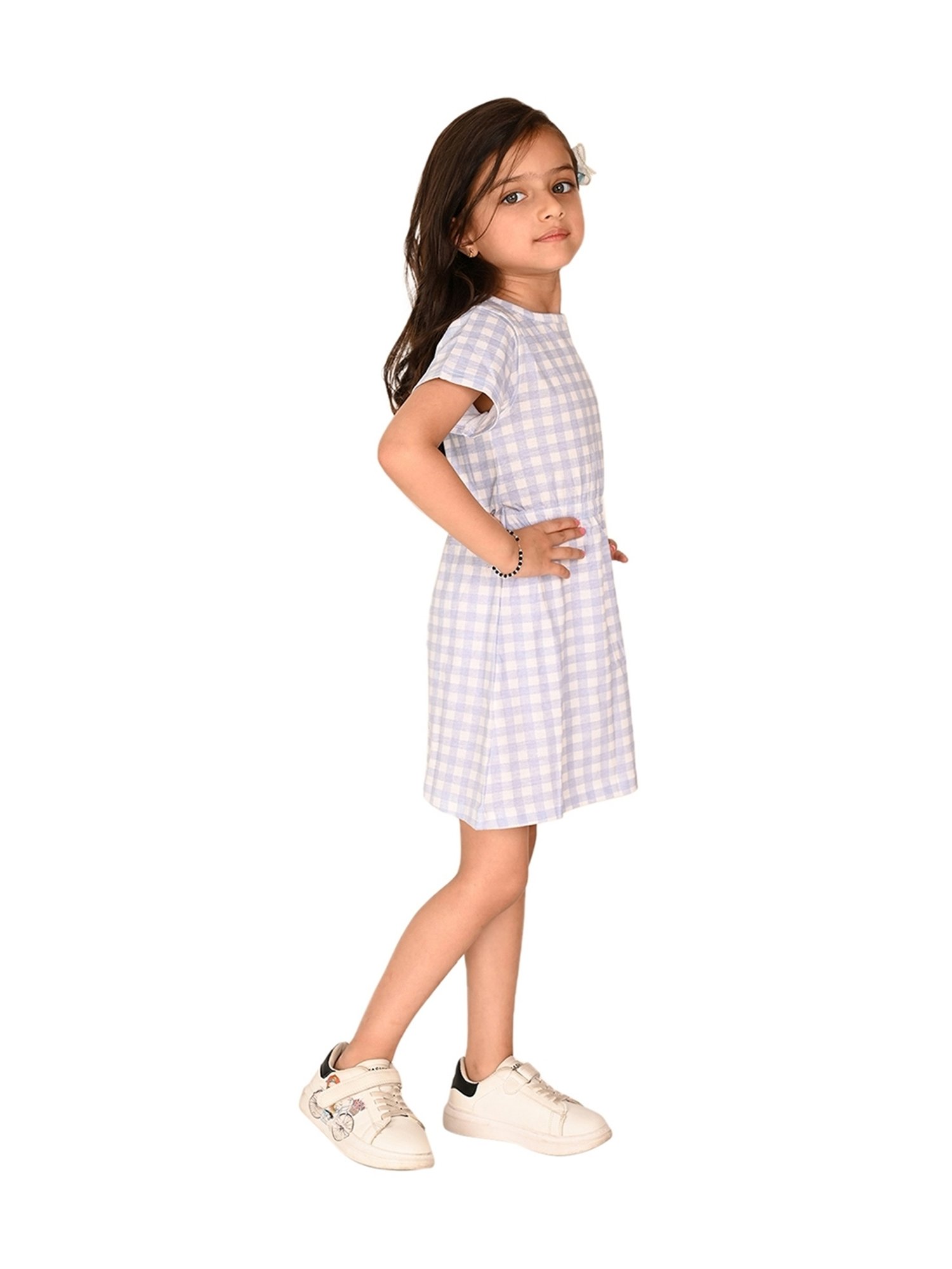 LilPicks Kids White & Blue Cotton Chequered Dress