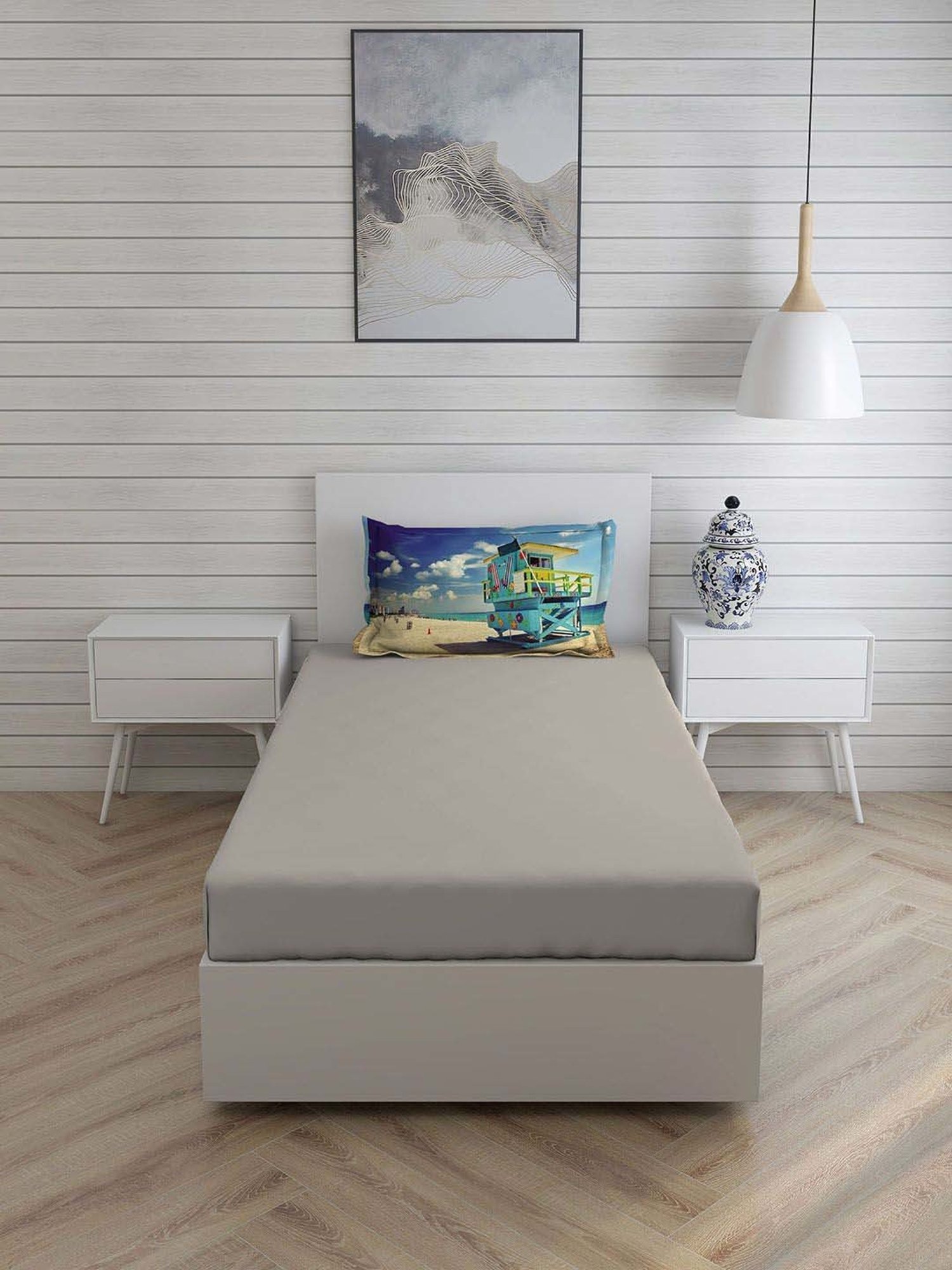 Boutique Living Globe Trotter Grey Cotton 200 TC Single Size Bed Sheet with Pillow Cover