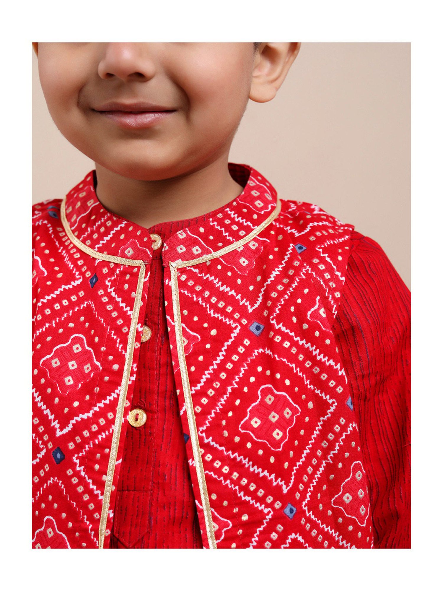 Budding Bees Boys Red & White Printed Full Sleeves Kurta, Pyjamas & Nehru Jacket