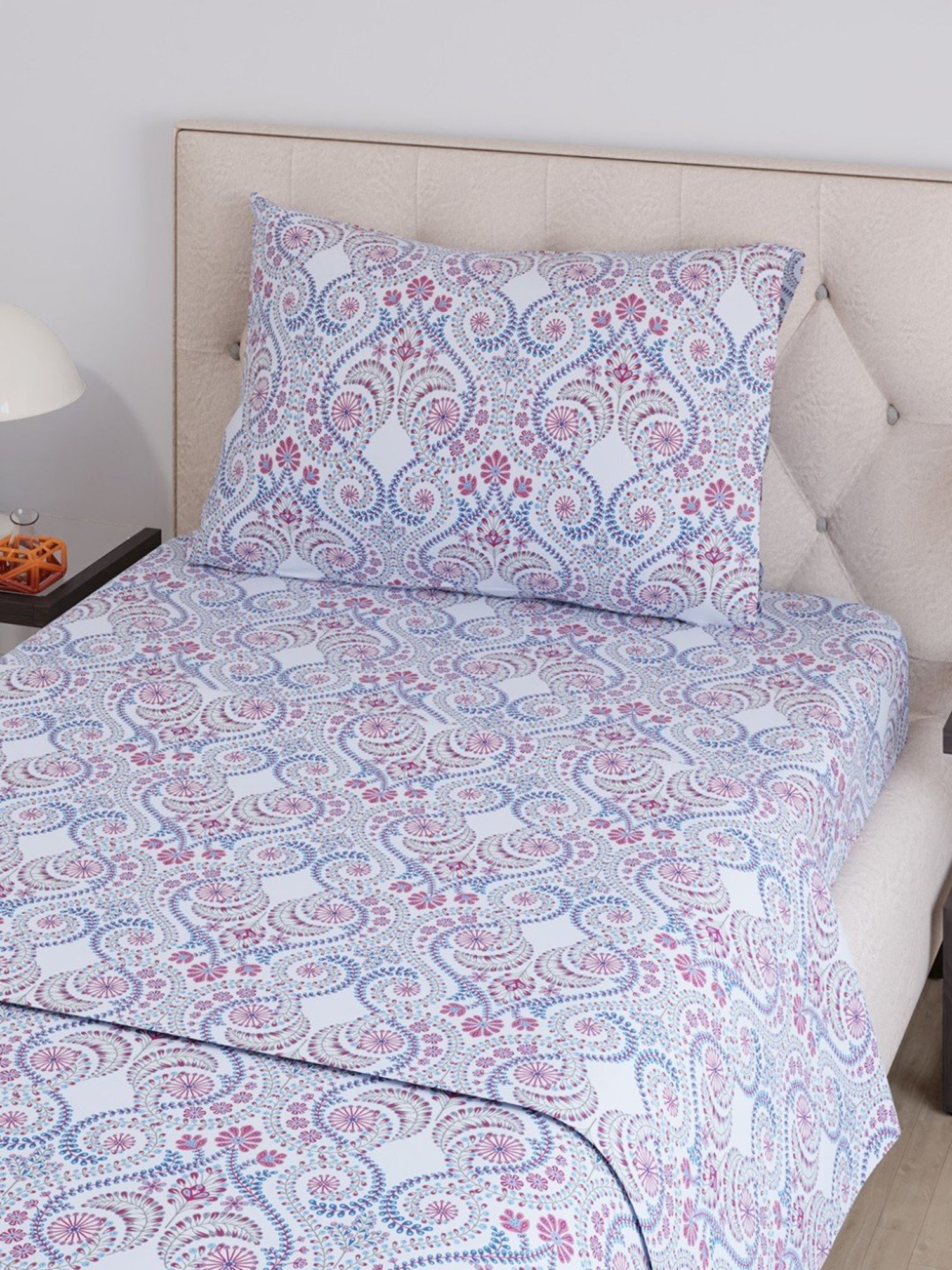 Layers Emaline Ethnic Blue 144 TC Cotton Single Bed Sheet with 1 Pillow Cover