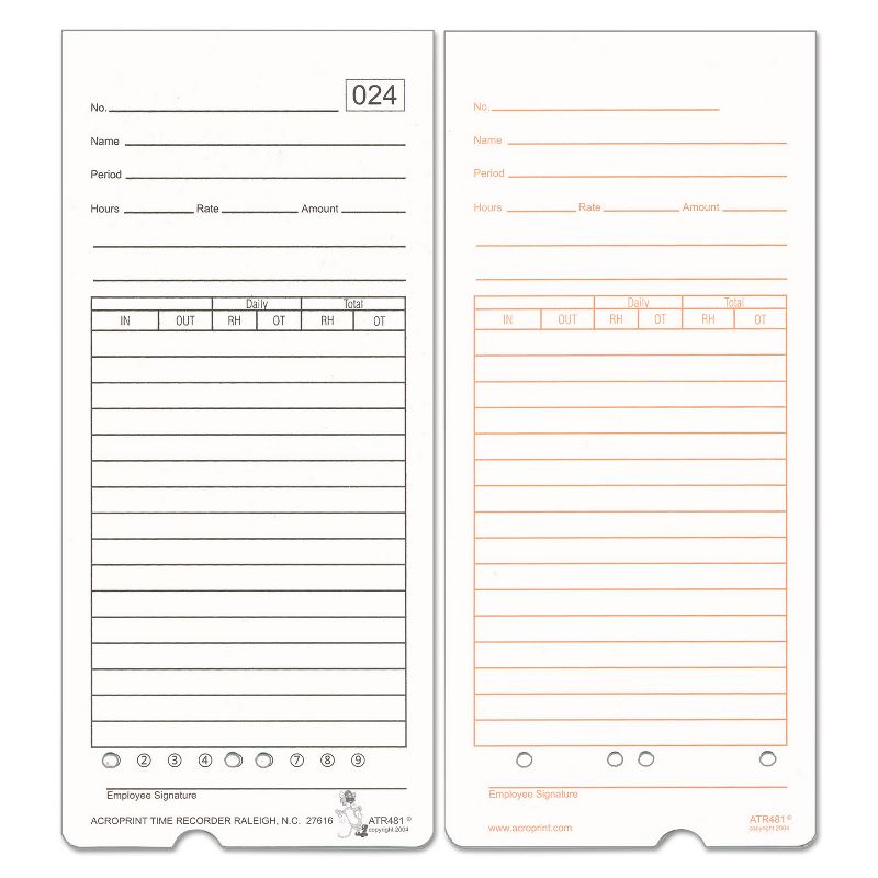 Acroprint Time Card for ATR480 Totalizing Electronic Time Clock 7 1/2 x 3.35 50 per pack 099115000