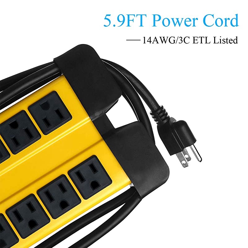 Metal Power Strip 10 Outlet Heavy Duty Power Strip Workshop Power Strip with 59FT 14AWG3C Power Cord 15A Circuit Breaker Electrical Rating AC 15A 125V 60HZ 1875W ETL Listed