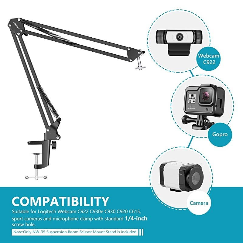 Desktop Clamp Adjustable Suspension Boom Scissor Arm Stand Holder 360 Degree Rotation Swivel Mount, Load up to 2.2 pounds/1 kilograms for Logitech Webcam C922 C930e C930 C920 C615 C960 C980 pro