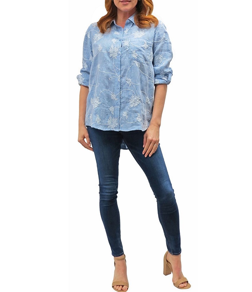 Karyn Seo Delilah All-Over Vintage Tonal Embroidered Roll-Tab Sleeve Button Down Chambray Linen Shirt