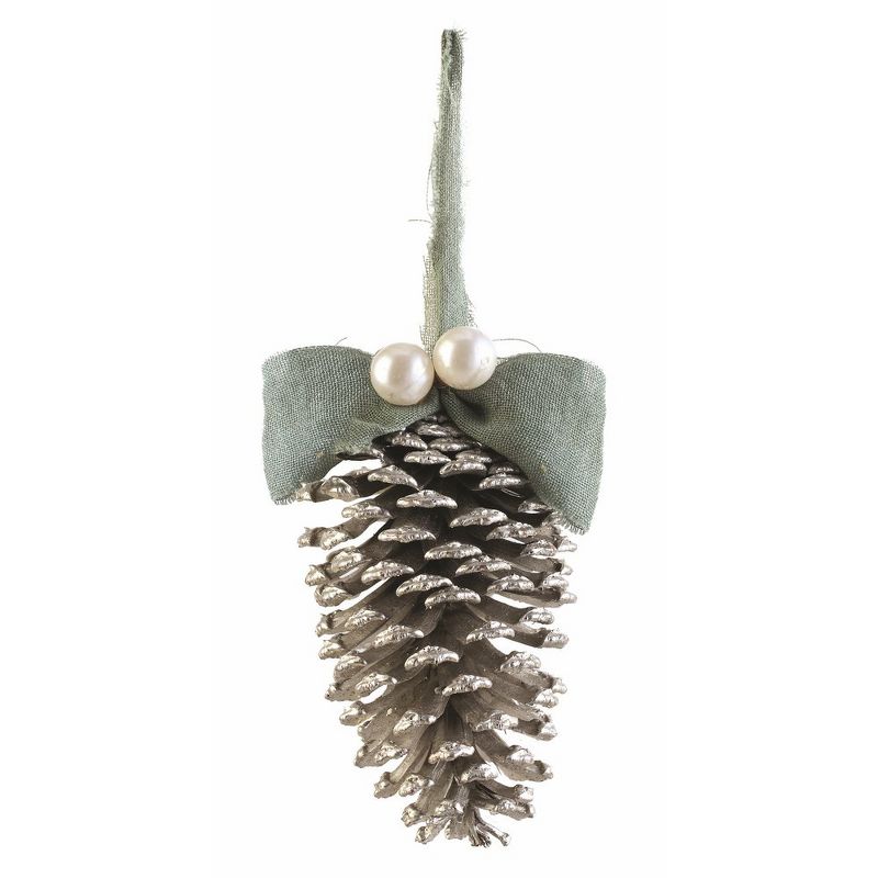 Napa Home and Garden 4.75" Vintage Pine Cone, Pearl and Burlap Christmas Ornament - Silver