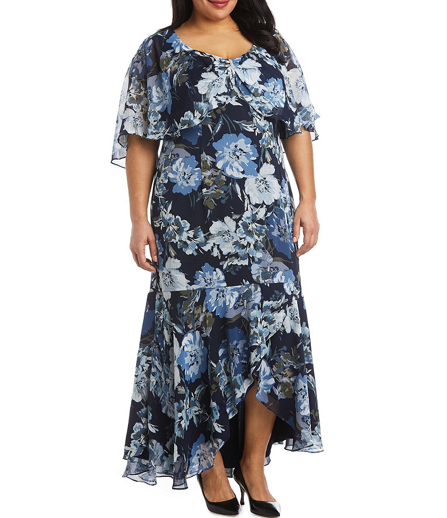 R & M Richards Plus Size V-Neck Short Flutter Sleeve Floral Hi-Low Capelet Dress