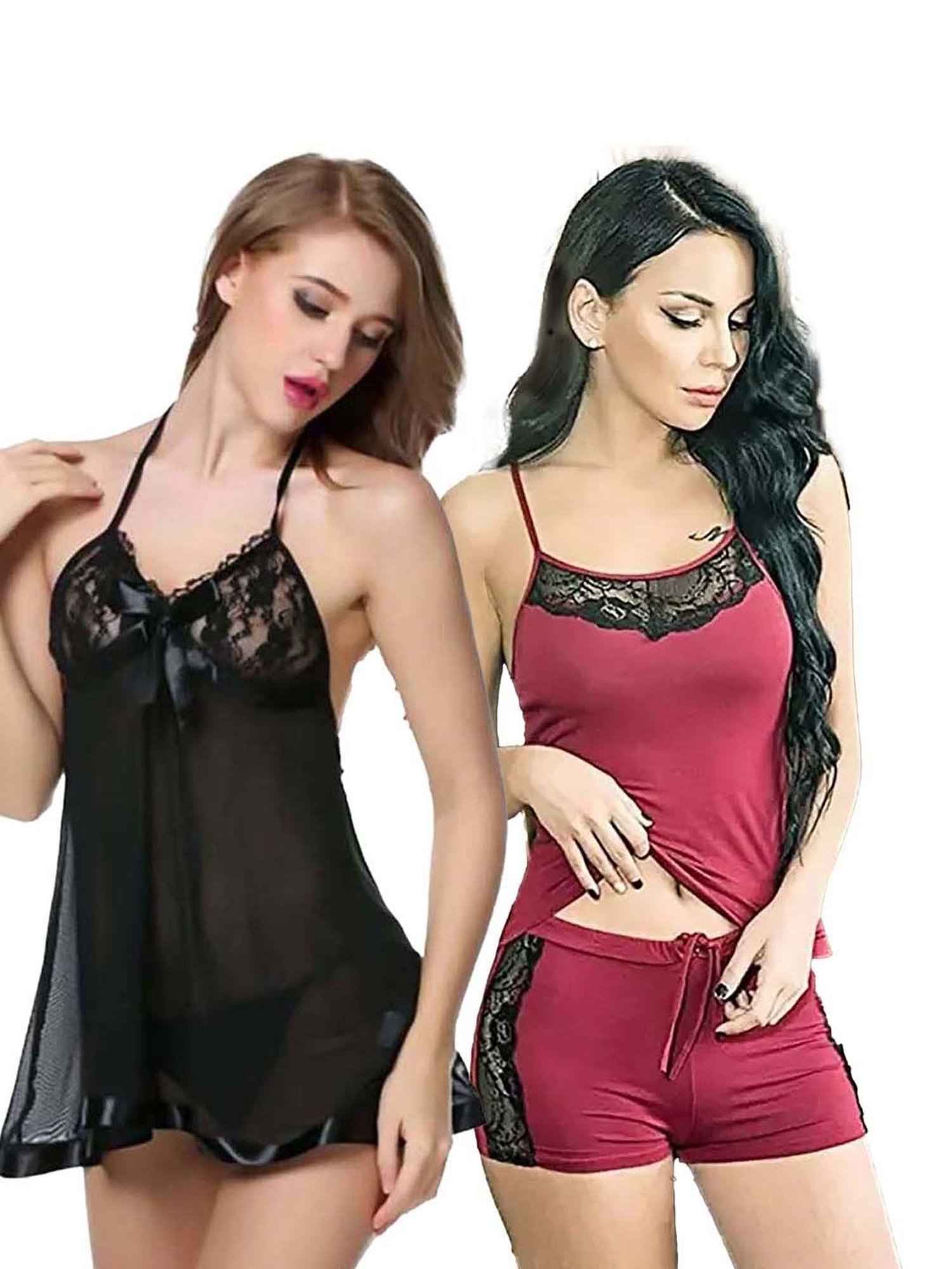 AROUSY Red Self Pattern Babydolls - Pack Of 2