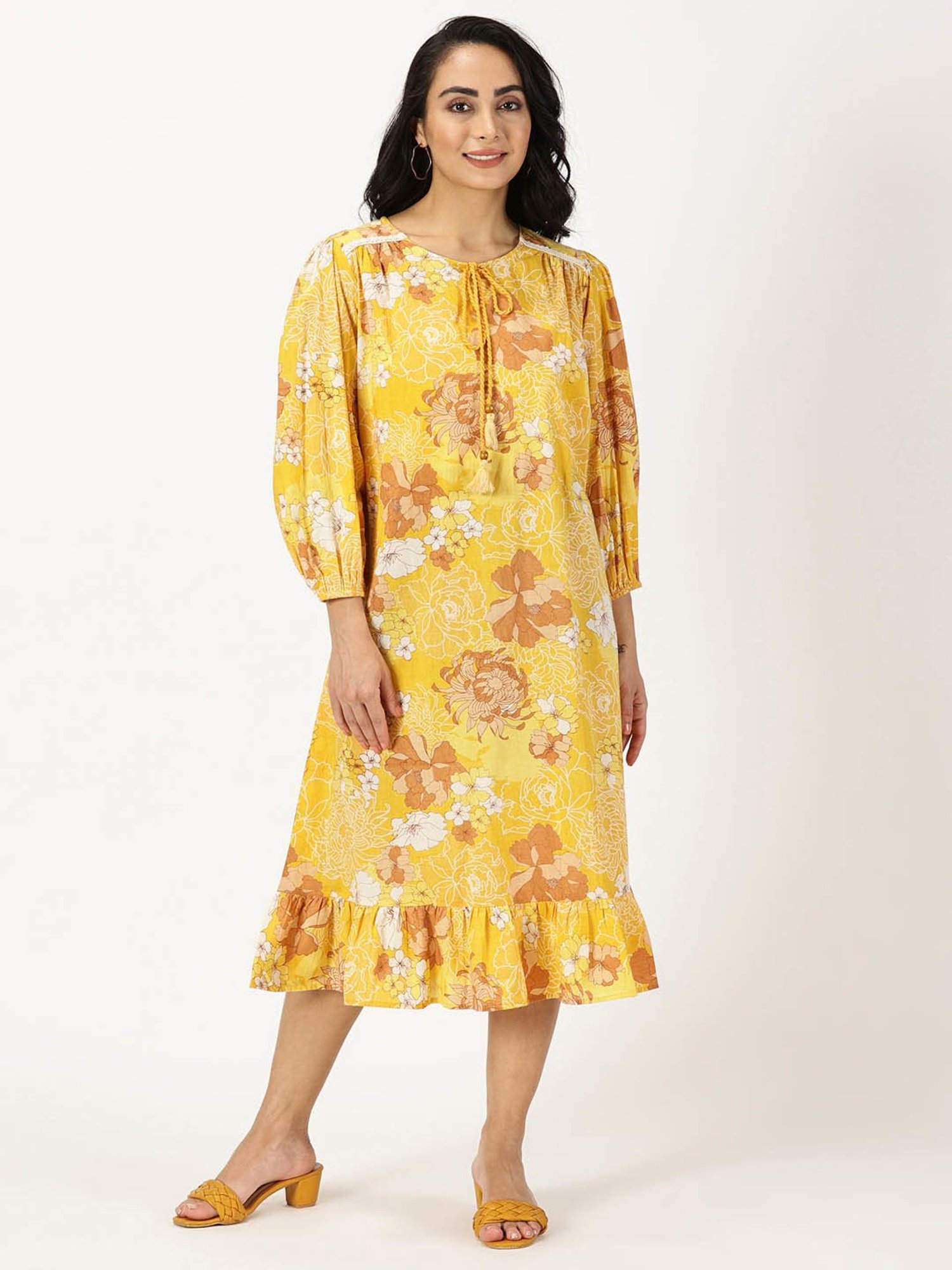 Saffron Threads Yellow Cotton Floral Print Ethnic Dress