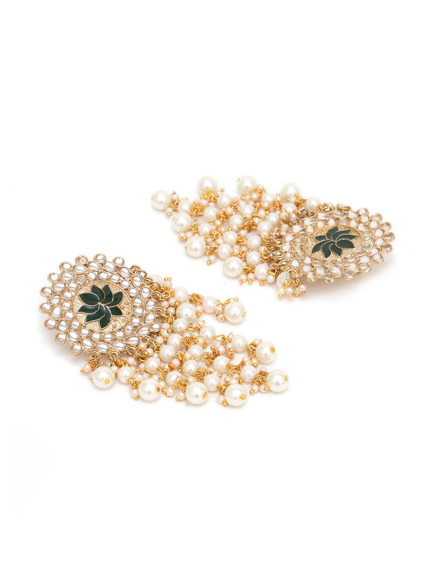 Karatcart Gold-Plated Green Meena Pearl Beads Kundan Dangler Earrings