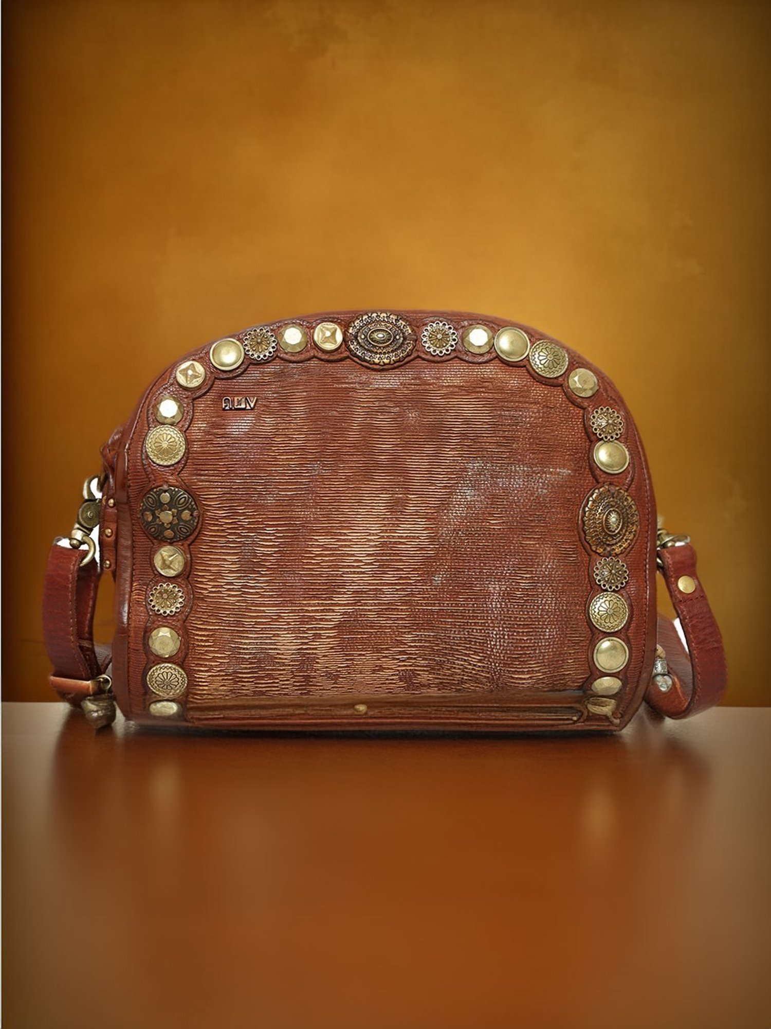 Art N Vintage Silvia Cognac Leather Embellished Medium Sling Handbag