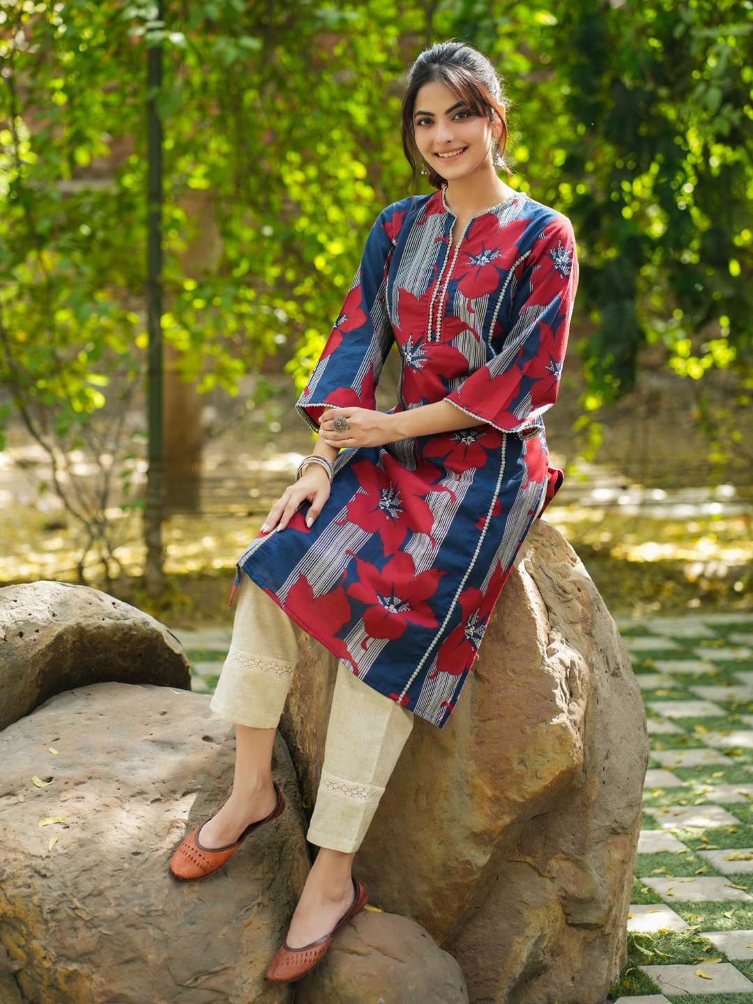 Rain and Rainbow Blue & Red Cotton Floral Print A Line Kurta