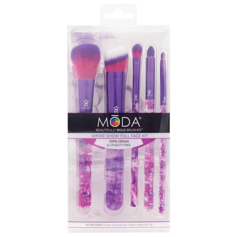 MODA Brush Purple Smoke Show 5pc Full Face Makeup Brush Set, Includes - Powder, Angle Blender, Shader, and Lip Brushes