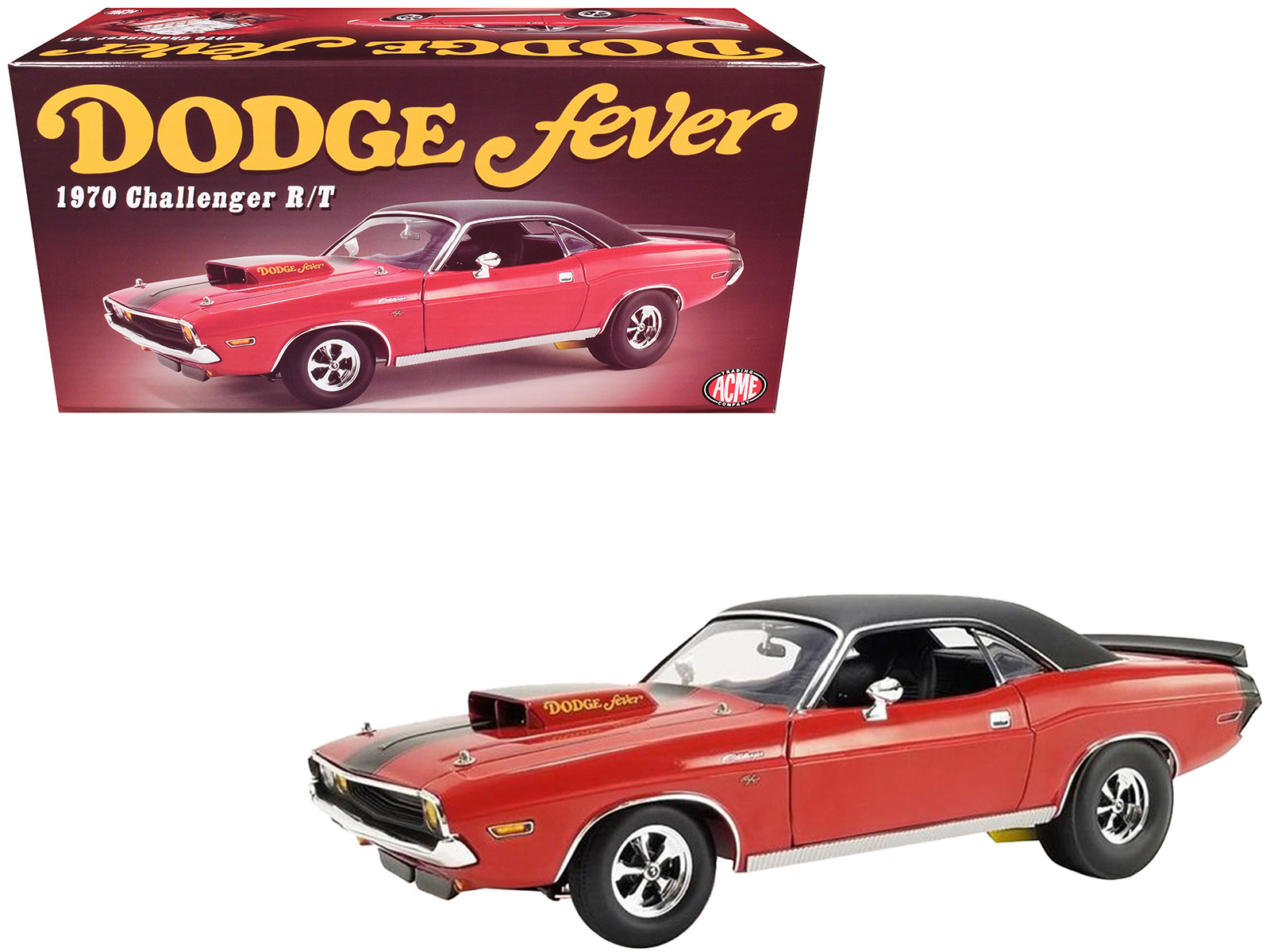 1970 Dodge Challenger R/T "Dodge Fever" Bright Red with Black Stripes and Black Vinyl Top Limited Edition to 588 pieces Worldwide 1/18 Diecast Model Car by ACME