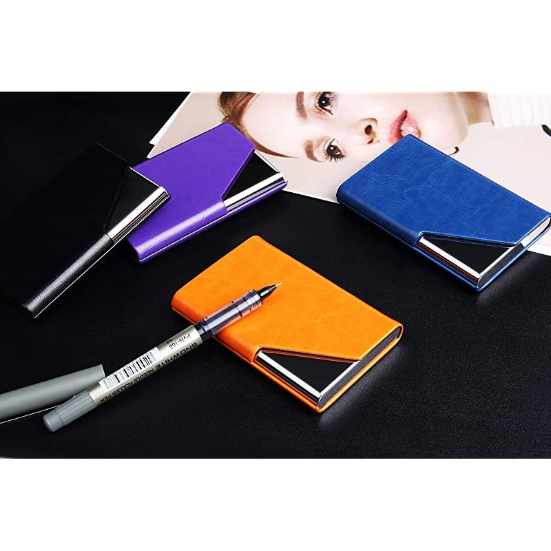 Metal Business Card Holder Leather Business Card Case Slim Pocket Name Card Holder for Women and Men Magnetic Shut Hold Up to 25 Cards Orange SJ