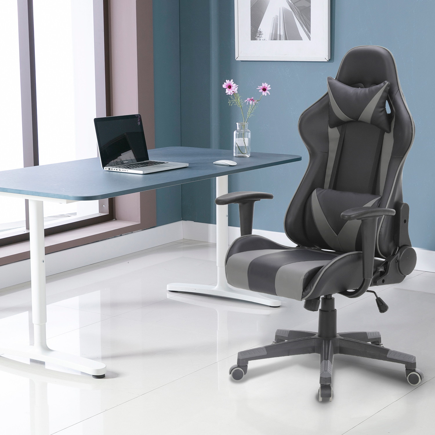 Racing Style Ergonomic Computer Gaming Chair Massage Chair with High-Back Swivel PU Leather, Seat Height Adjustable, and Lumbar & Head Support