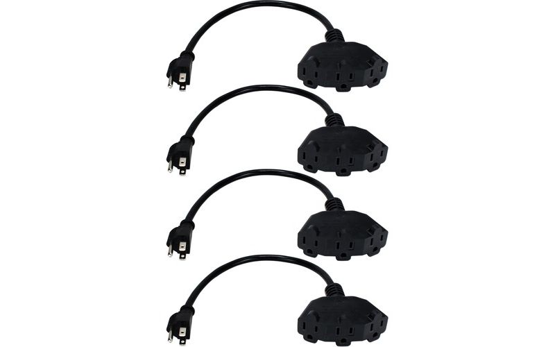 QVS 4-Pack 12 Inches 3-Outlet OutletSaver AC Power Splitter Adaptor - For Power Strip - 125 V AC / 13 A - Black - 4