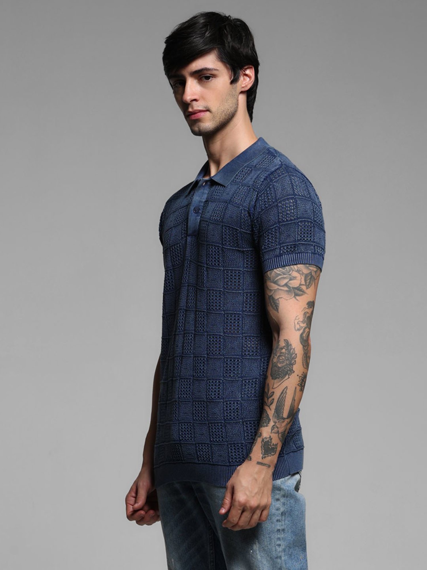 Jack & Jones Insignia Blue Cotton Regular Fit Jacquard T-Shirt