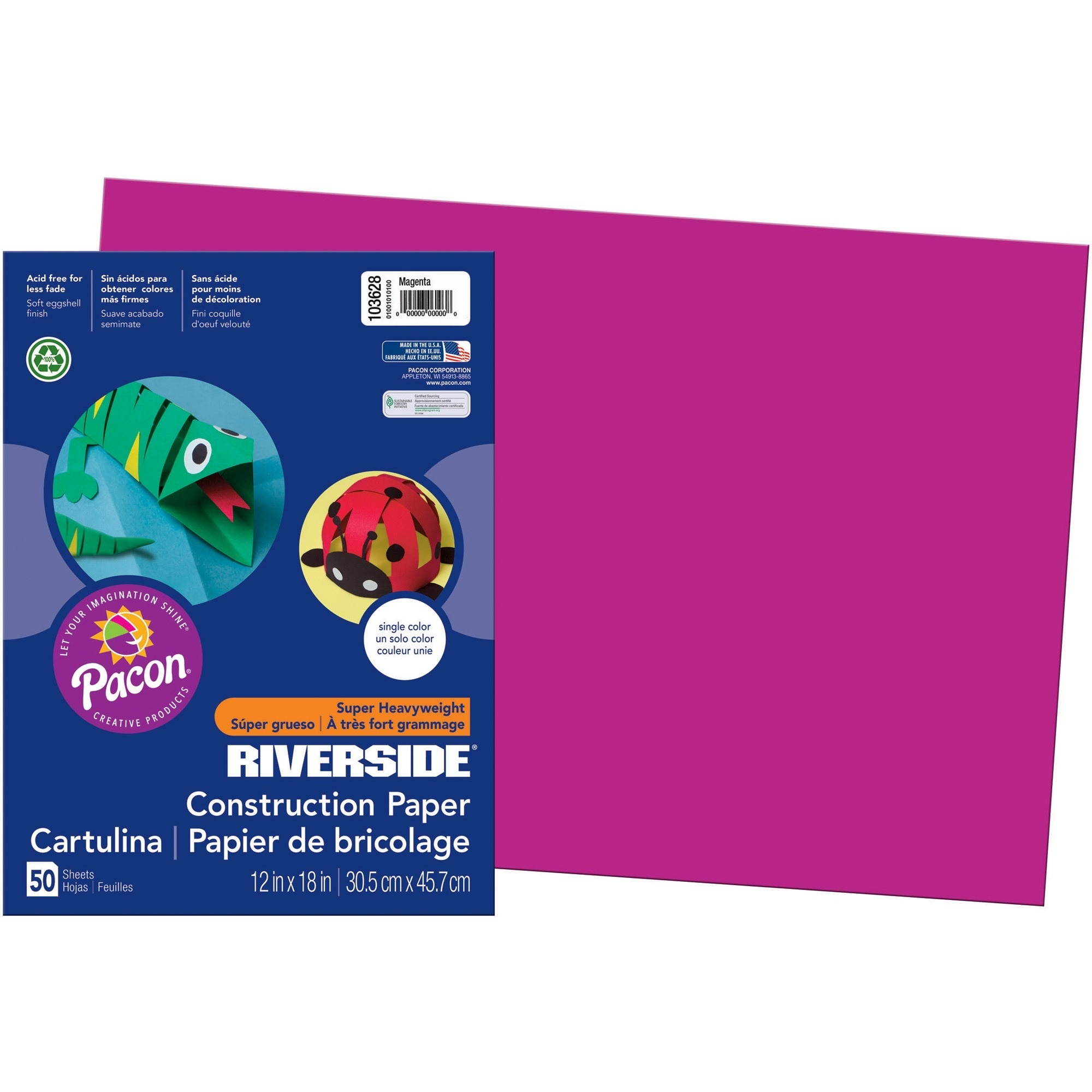 Pacon Construction Paper 76lb . 12"x18" 50/PK Magenta 103628